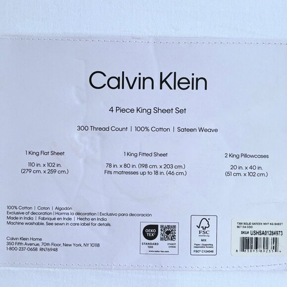 CALVIN KLEIN King Size White 100% Cotton 300 Thread Sateen Sheet Set - Picture 3 of 4